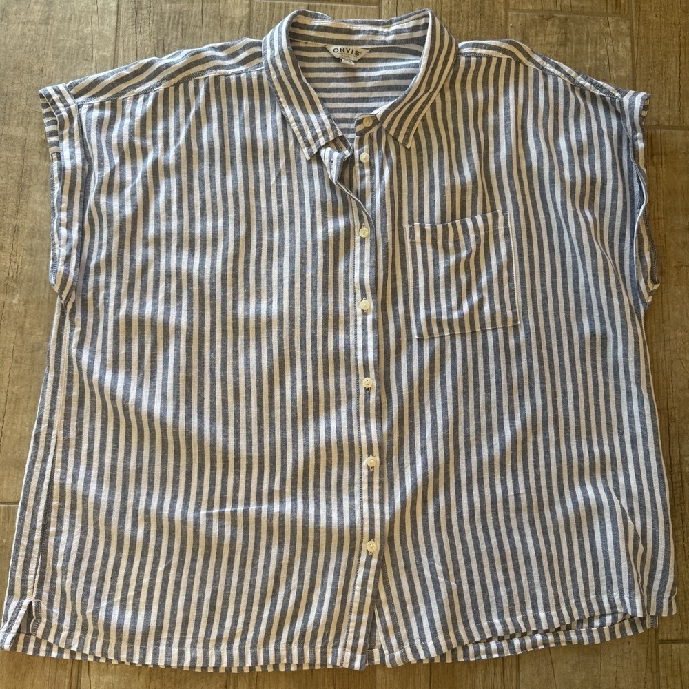 Orvis Shirt Navy/White Striped Linen Blend Short Sleeve Button Up Women XXL EUC